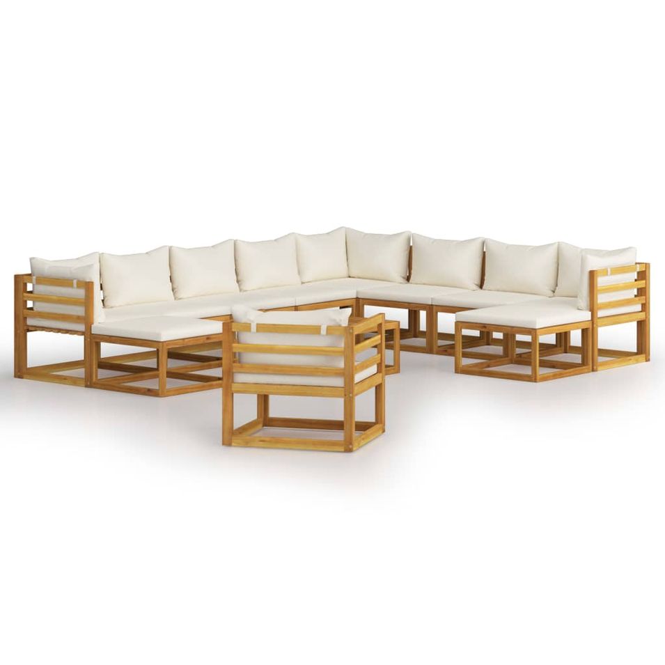 Salon de jardin 12 pcs avec coussin Crème Bois d'acacia solide - Photo n°1