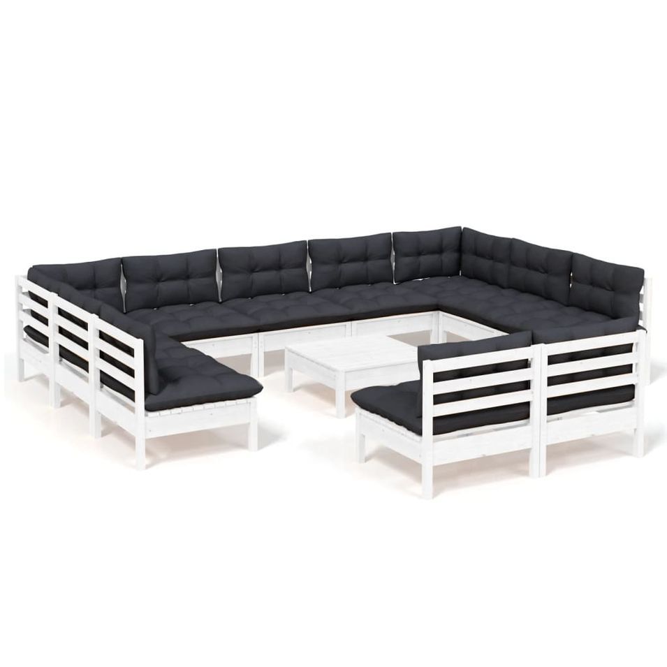 Salon de jardin 12 pcs avec coussins Blanc Bois de pin solide 4 - Photo n°1