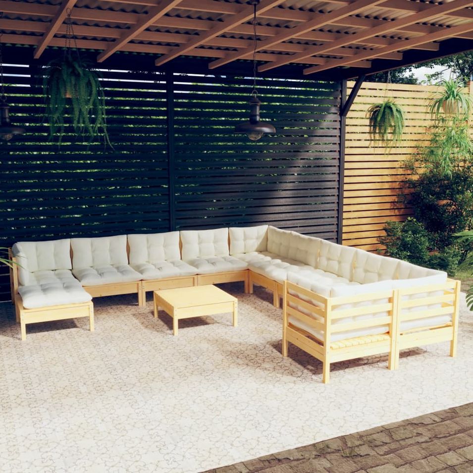 Salon de jardin 12 pcs avec coussins crème Bois de pin - Photo n°1