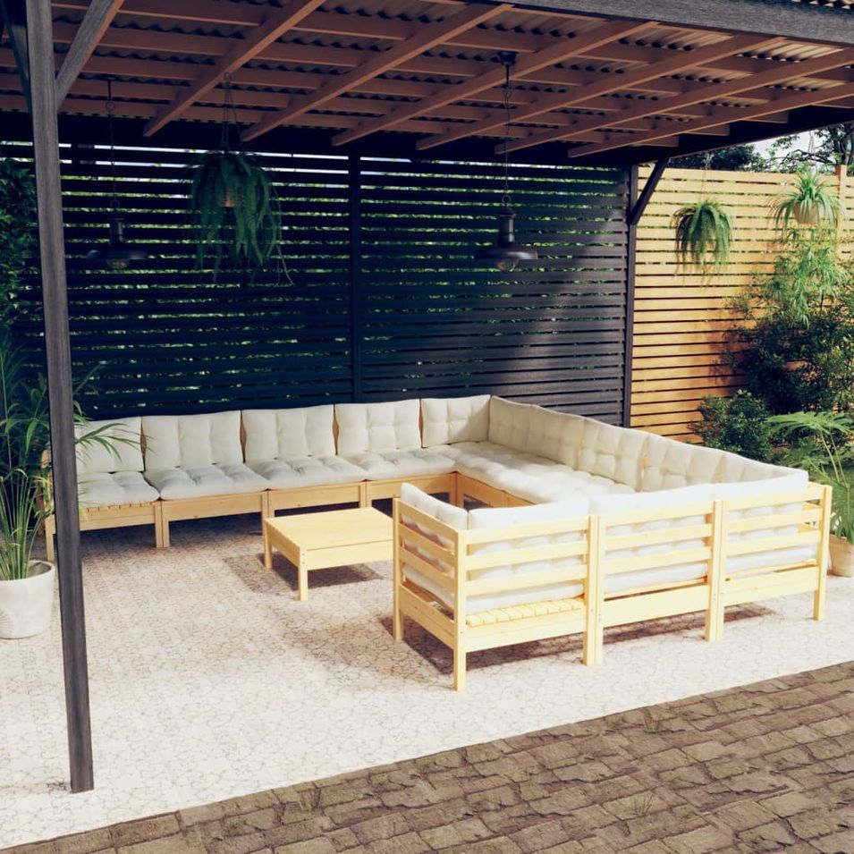 Salon de jardin 12 pcs avec coussins crème Bois de pin - Photo n°1