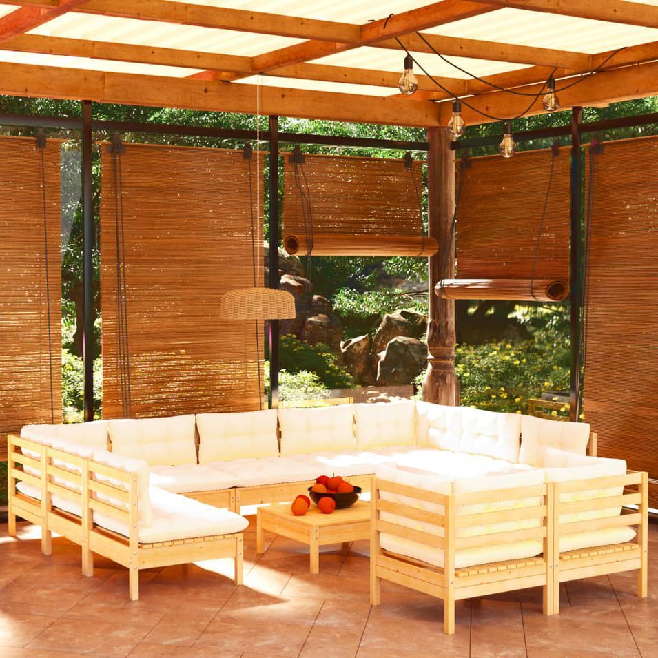 Salon de jardin 12 pcs avec coussins crème Bois de pin massif - Photo n°1