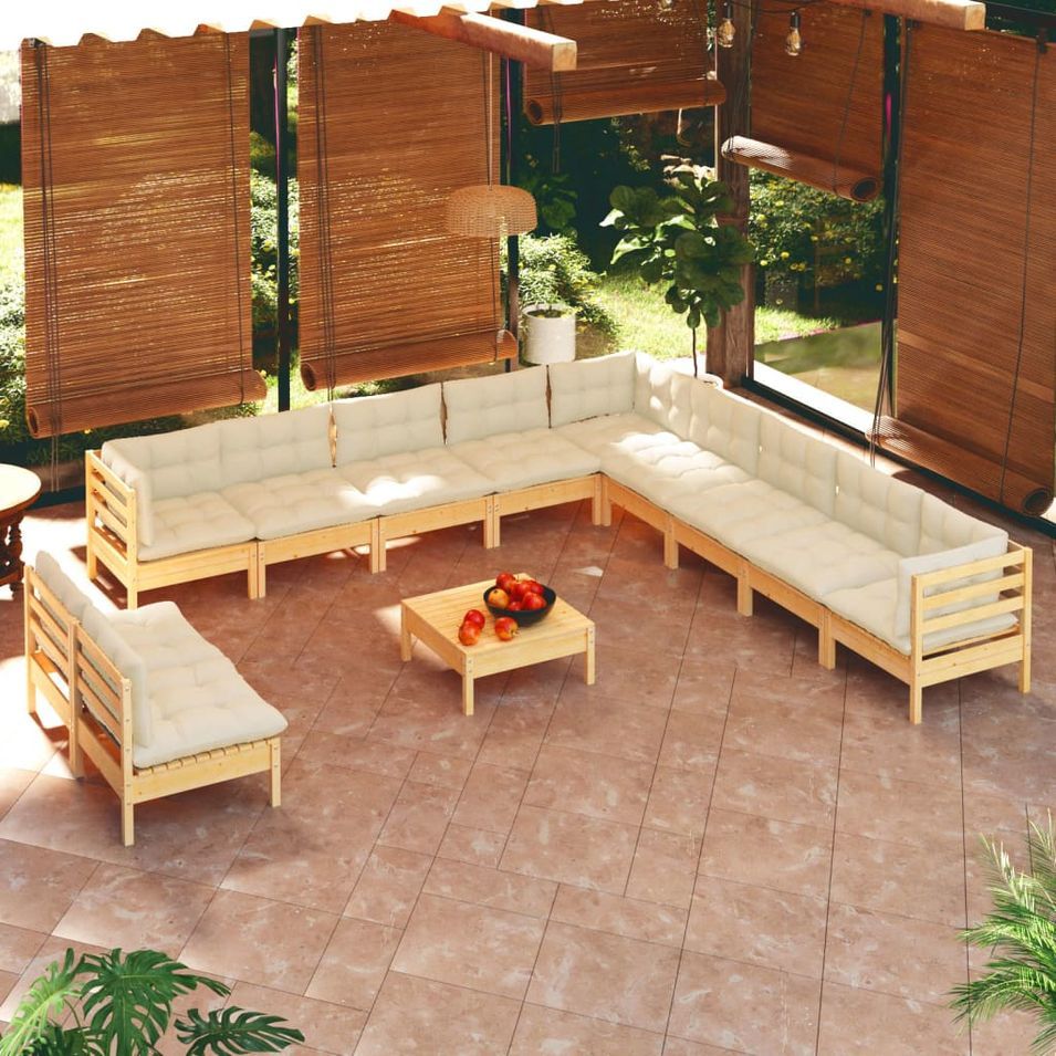 Salon de jardin 12 pcs avec coussins crème Bois de pin massif - Photo n°1