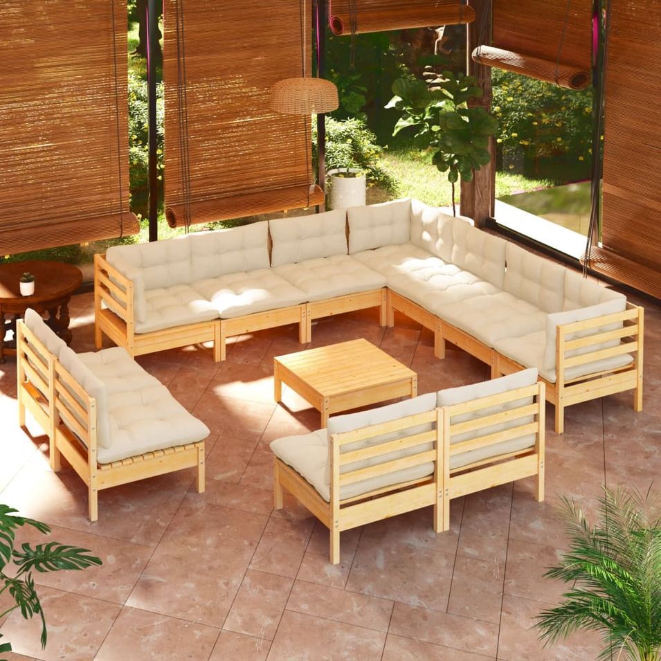 Salon de jardin 12 pcs avec coussins crème Bois de pin massif - Photo n°1