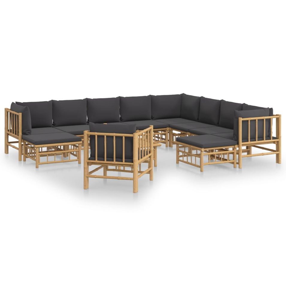 Salon de jardin 12 pcs avec coussins gris foncé bambou - Photo n°1