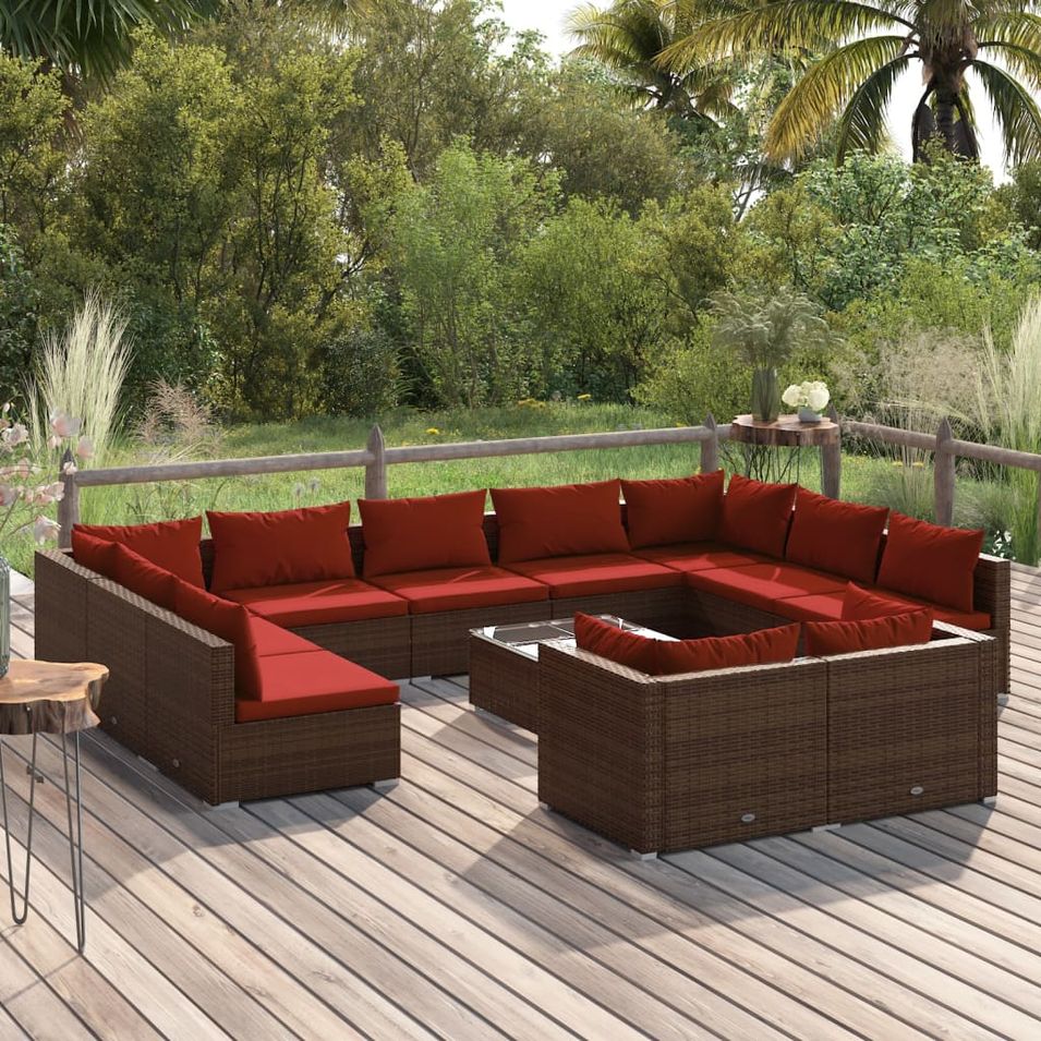 Salon de jardin 12 pcs avec coussins Marron Résine tressée - Photo n°1