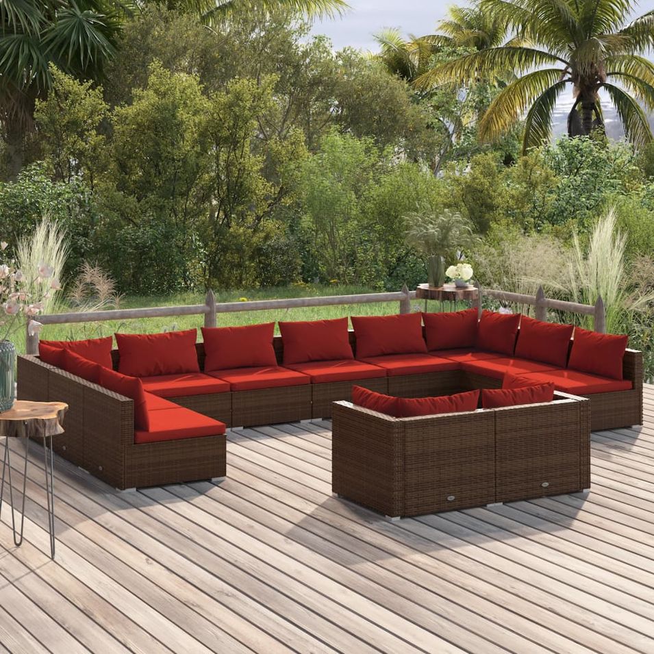 Salon de jardin 12 pcs avec coussins Marron Résine tressée - Photo n°1