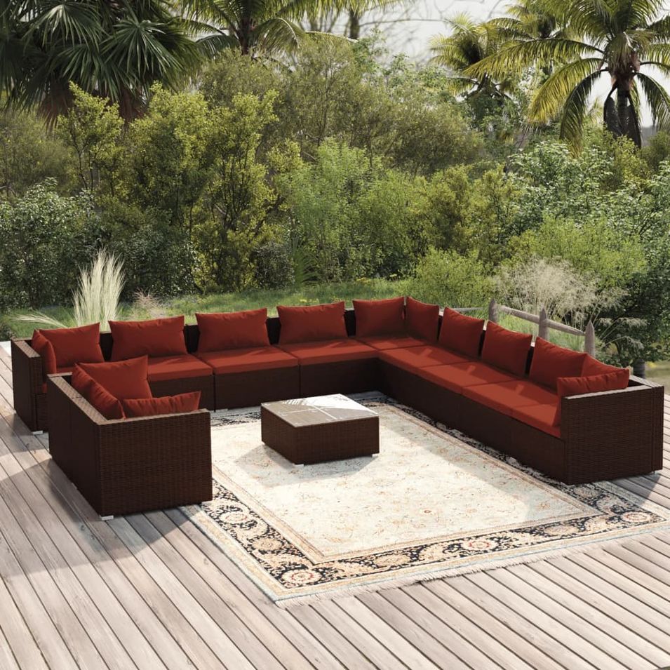 Salon de jardin 12 pcs avec coussins Marron Résine tressée - Photo n°1