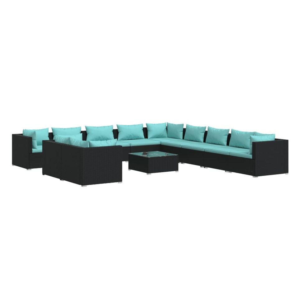 Salon de jardin 12 pcs avec coussins Noir Résine tressée - Photo n°1