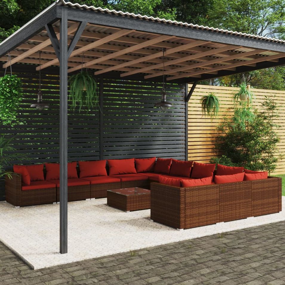 Salon de jardin 12 pcs avec coussins Résine tressée Marron - Photo n°1