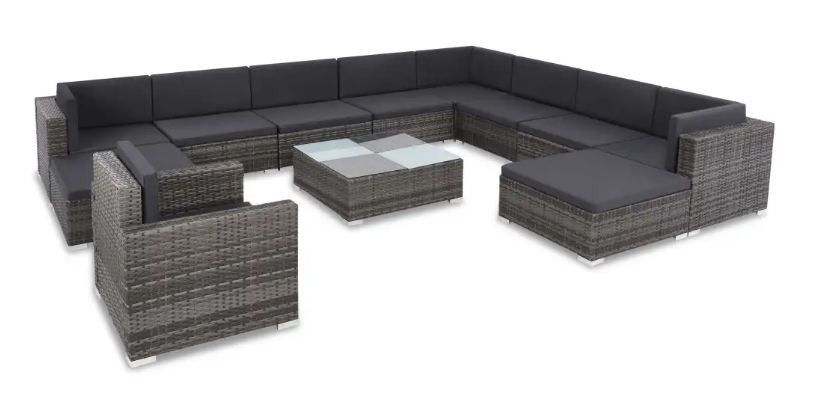 Salon de jardin 12 pièces résine tressée coussins gris Kim - Photo n°1