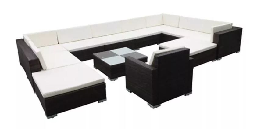 Salon de jardin 12 pièces résine tressée noir coussins blanc Kim - Photo n°1