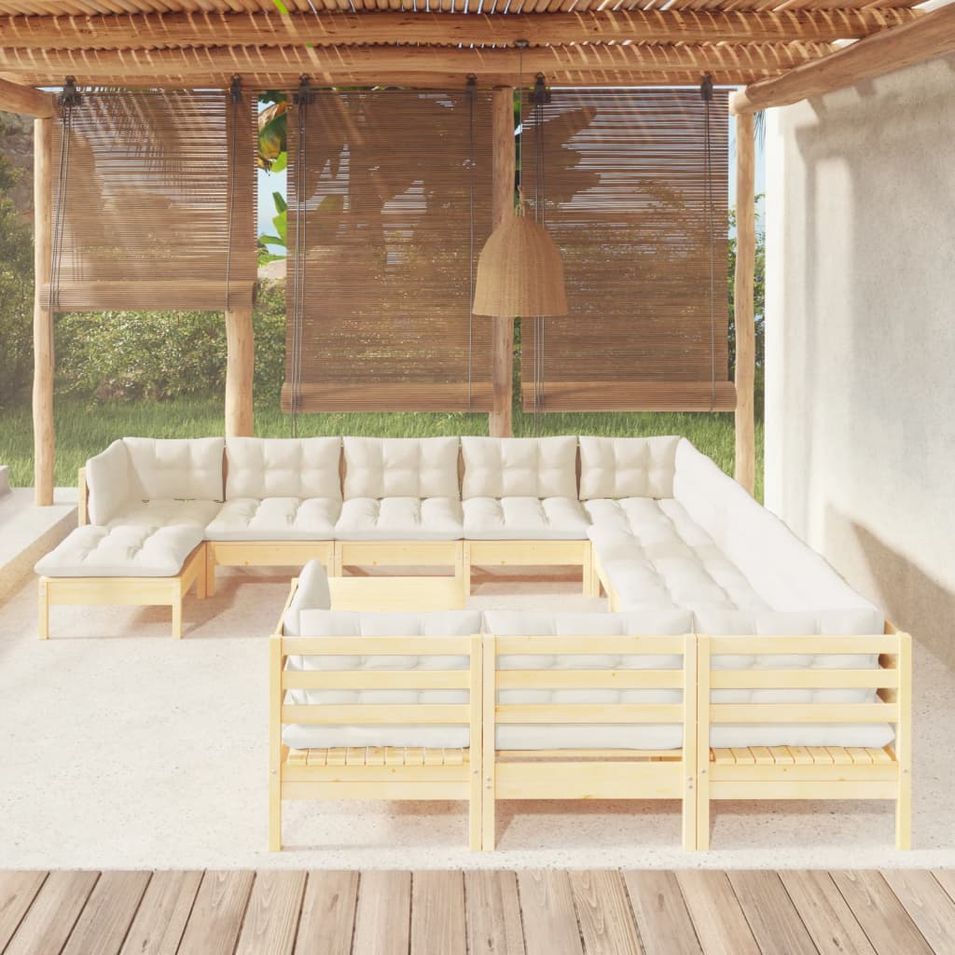 Salon de jardin 13 pcs avec coussins crème Bois de pin - Photo n°1