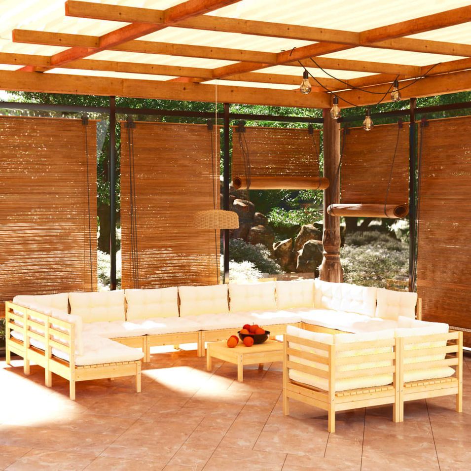Salon de jardin 13 pcs avec coussins crème bois de pin - Photo n°1