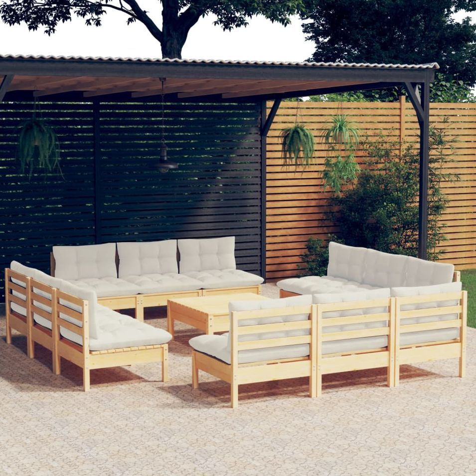 Salon de jardin 13 pcs avec coussins crème bois de pin - Photo n°1