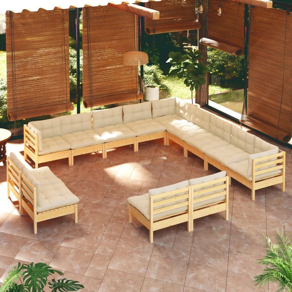 Salon de jardin 13 pcs avec coussins crème Bois de pin massif - Photo n°1