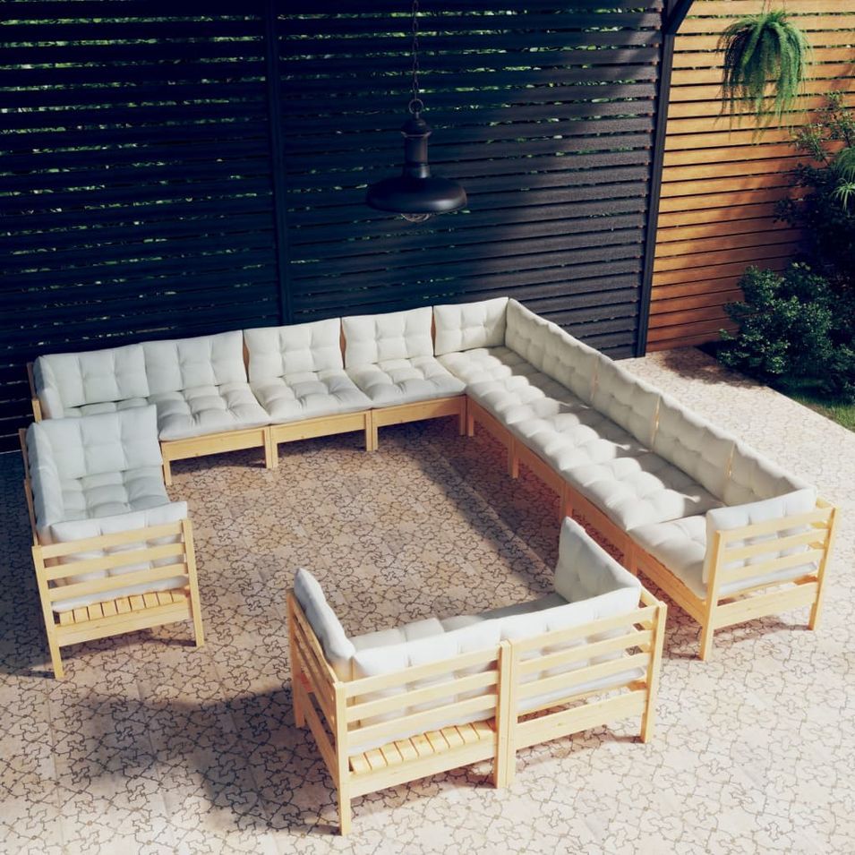 Salon de jardin 13 pcs avec coussins crème Bois de pin massif - Photo n°1