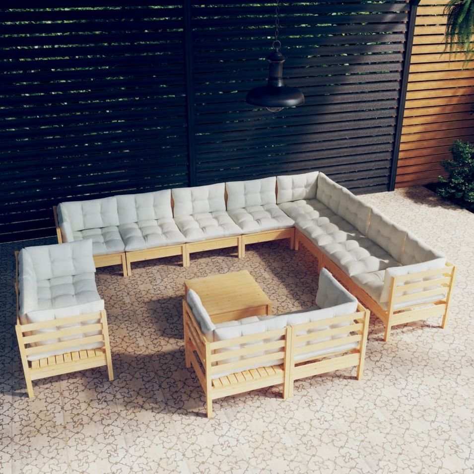 Salon de jardin 13 pcs avec coussins crème Bois de pin solide - Photo n°1