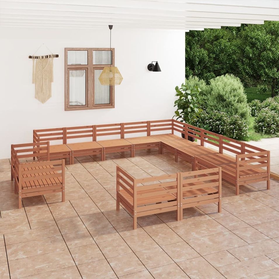 Salon de jardin 13 pcs Bois de pin massif Marron miel - Photo n°1