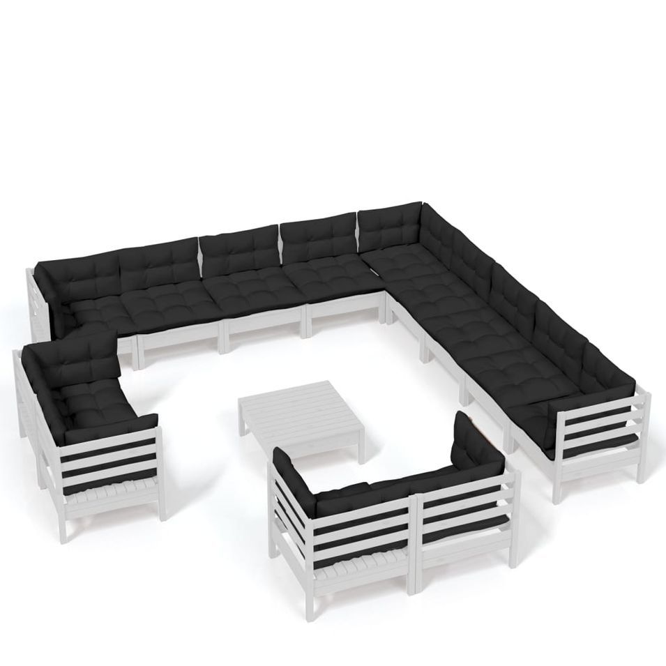 Salon de jardin 14 pcs avec coussins Blanc Bois de pin solide - Photo n°1