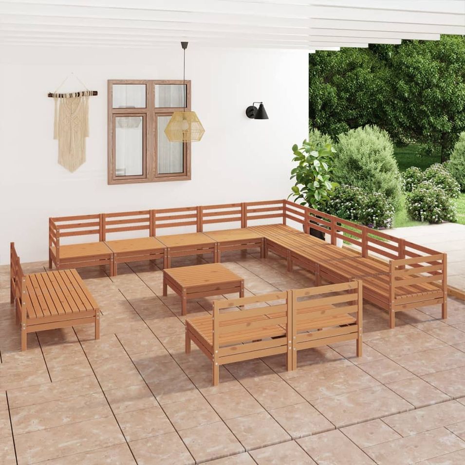 Salon de jardin 14 pcs Bois de pin massif Marron miel - Photo n°1