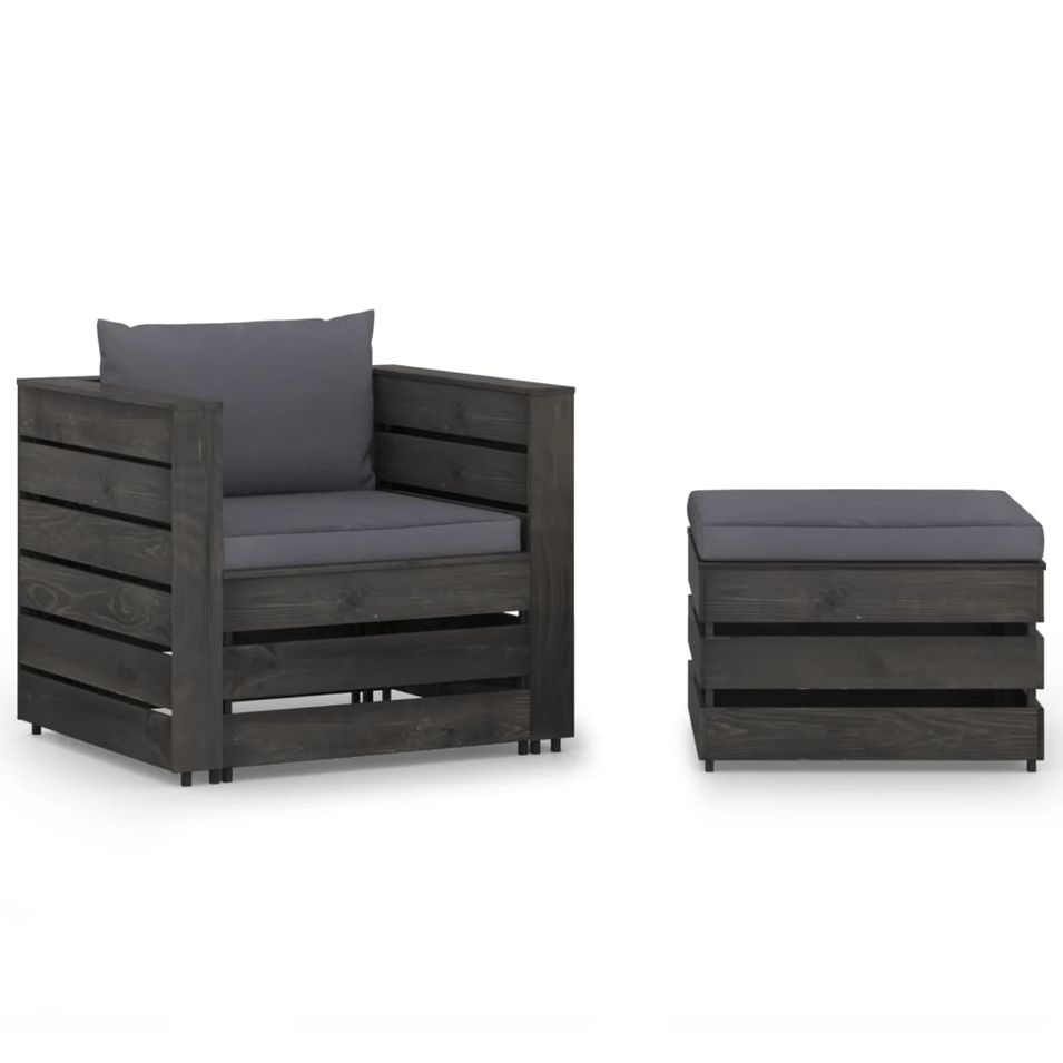 Salon de jardin 2 pcs avec coussins Bois imprégné de gris - Photo n°1
