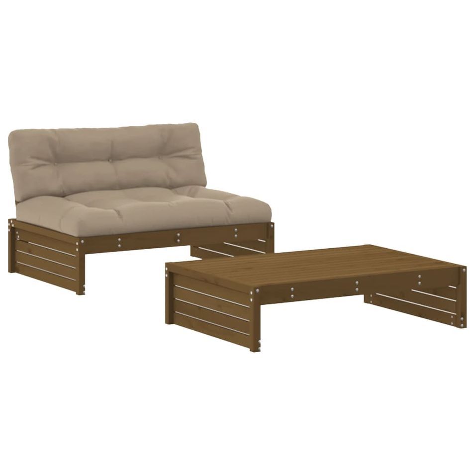 Salon de jardin 2 pcs avec coussins marron miel bois massif - Photo n°1