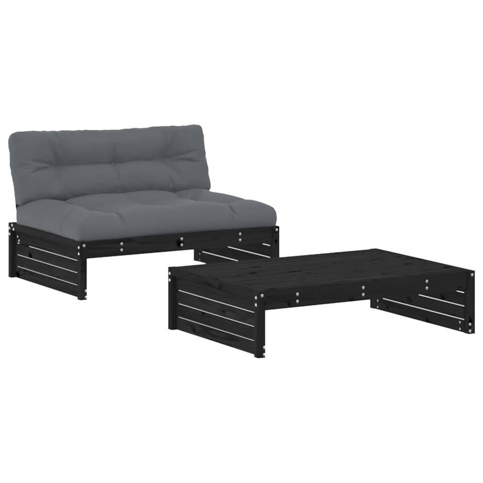 Salon de jardin 2 pcs avec coussins noir bois massif - Photo n°1