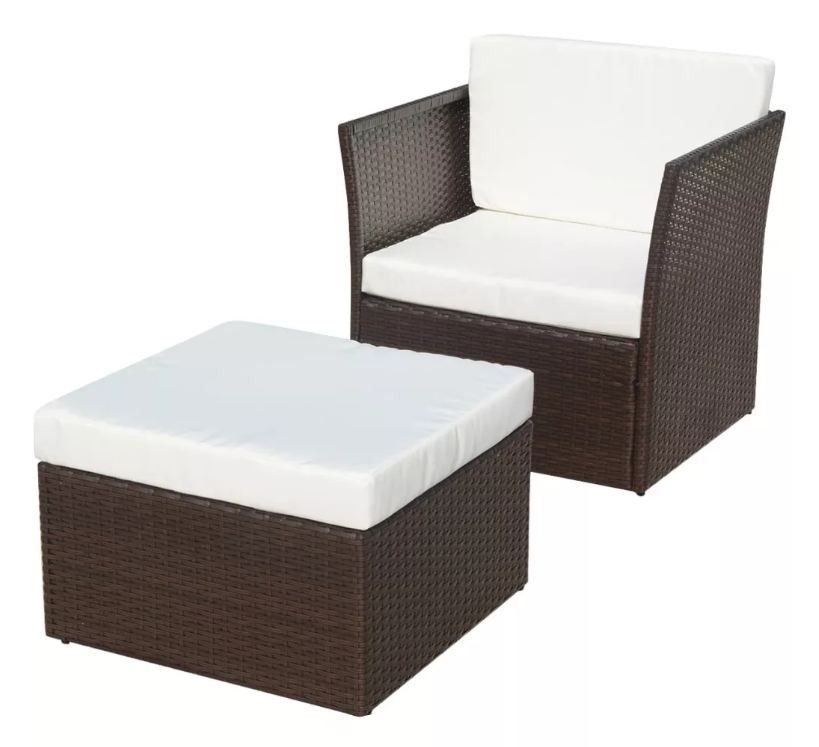 Salon de jardin 2 pièces résine tressée marron coussins blanc Mik - Photo n°1