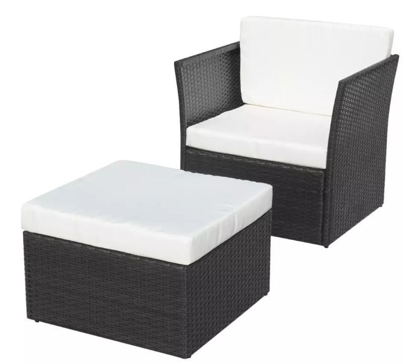 Salon de jardin 2 pièces résine tressée noir coussins blanc Mik - Photo n°1