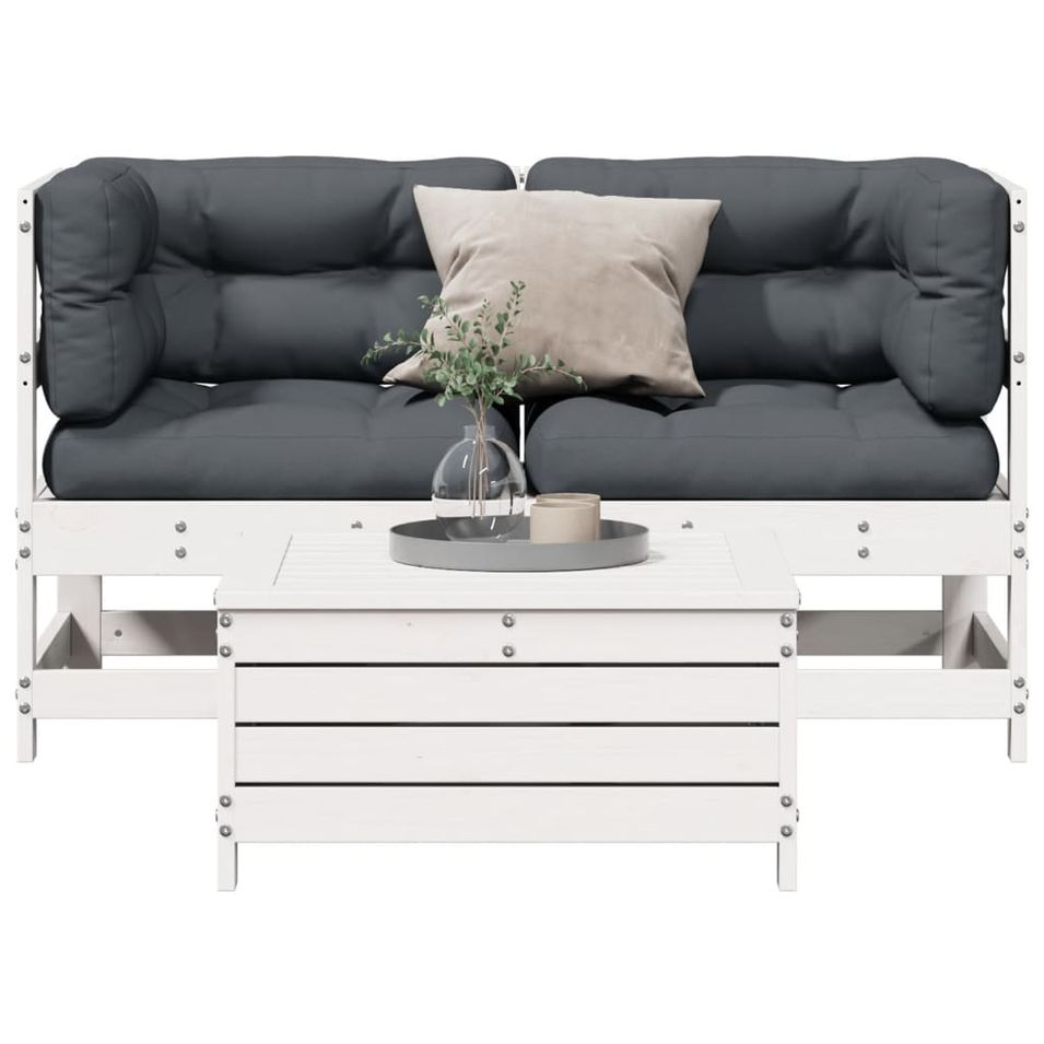 Salon de jardin 3 pcs avec coussins blanc bois de pin massif - Photo n°1