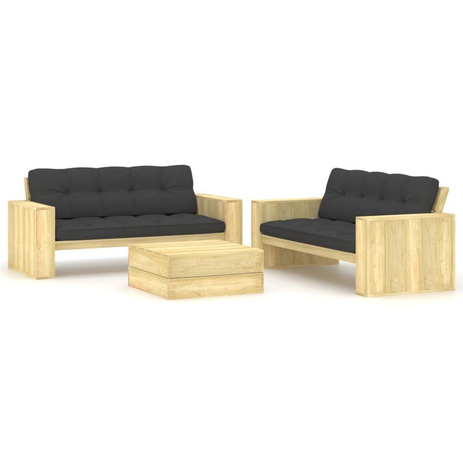 Salon de jardin 3 pcs avec coussins Bois de pin imprégné 2 - Photo n°1