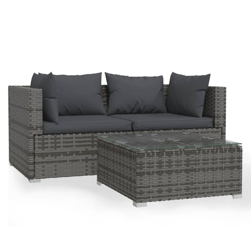 Salon de jardin 3 pcs avec coussins Gris Résine tressée - Photo n°1