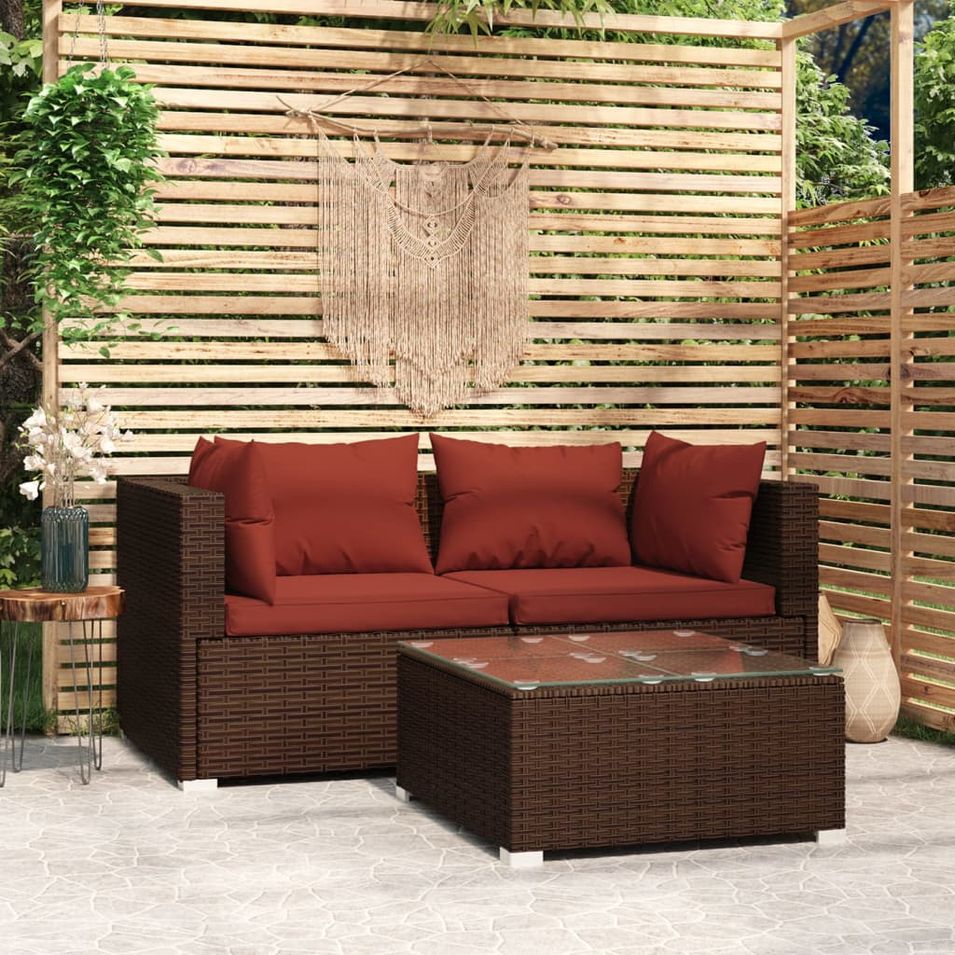 Salon de jardin 3 pcs avec coussins Marron Résine tressée - Photo n°1