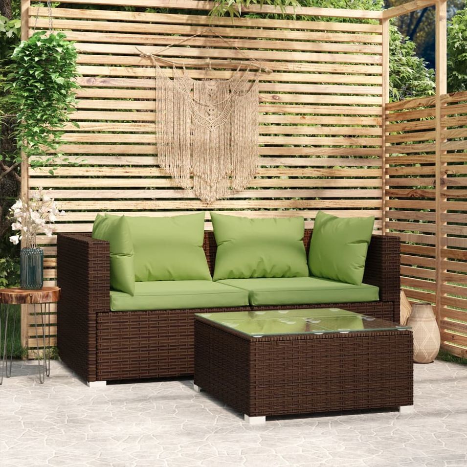 Salon de jardin 3 pcs avec coussins marron résine tressée - Photo n°1