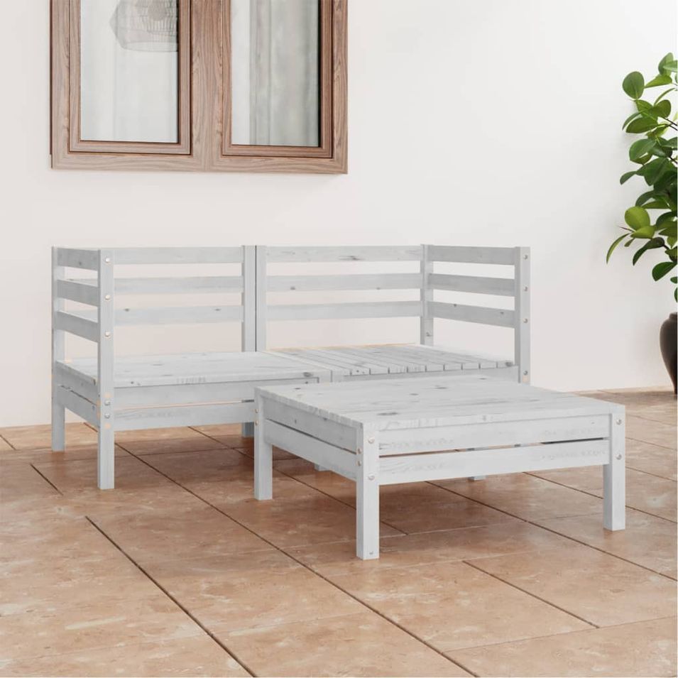 Salon de jardin 3 pcs Blanc Bois de pin massif 6 - Photo n°1
