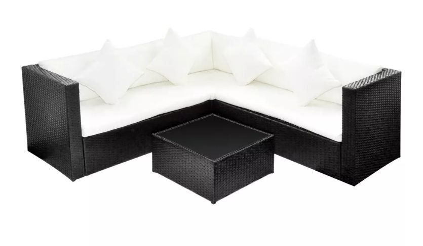 Salon de jardin 3 pièces résine tressée noir et coussins blanc Kim 2 - Photo n°1