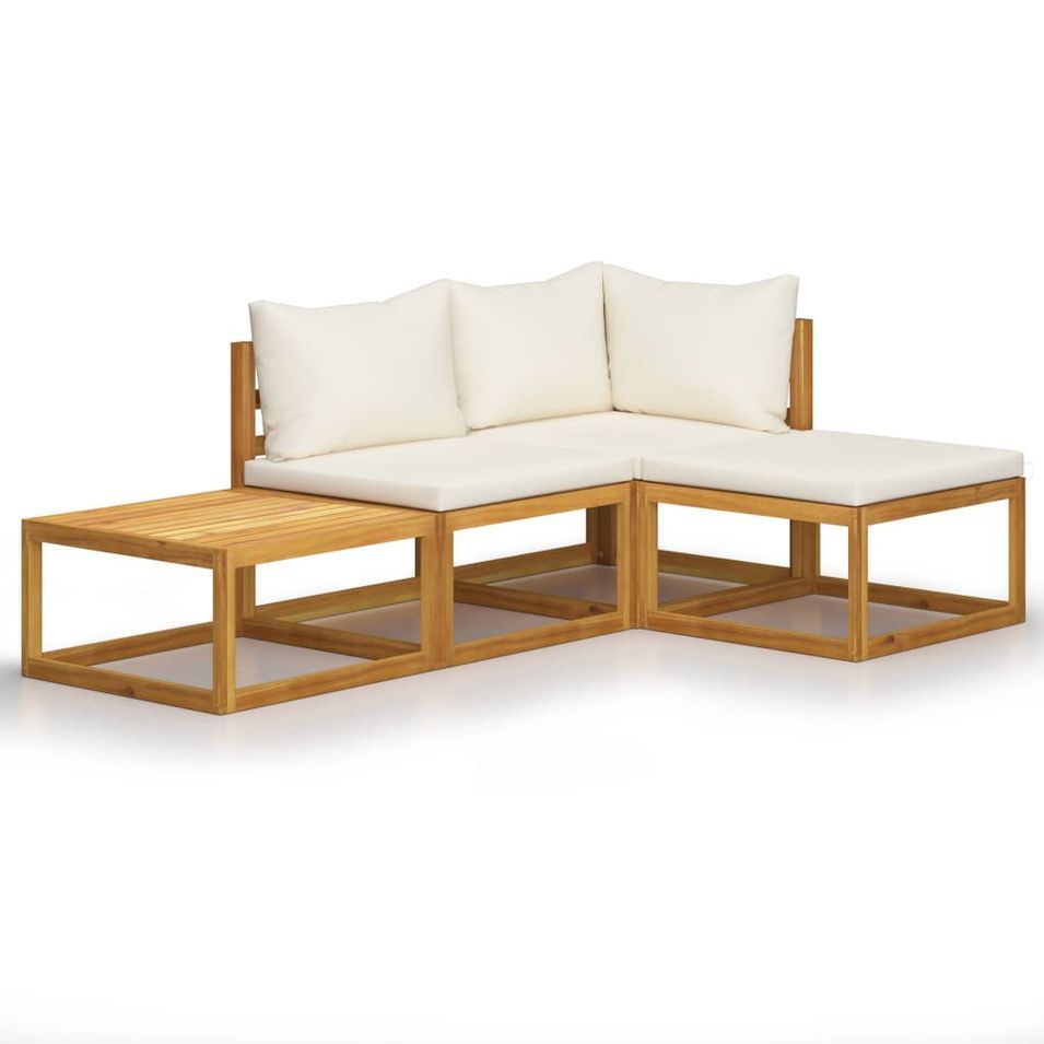 Salon de jardin 4 pcs avec coussin Crème Bois d'acacia solide 2 - Photo n°1