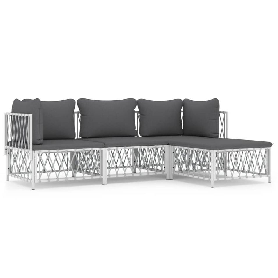 Salon de jardin 4 pcs avec coussins blanc acier - Photo n°1