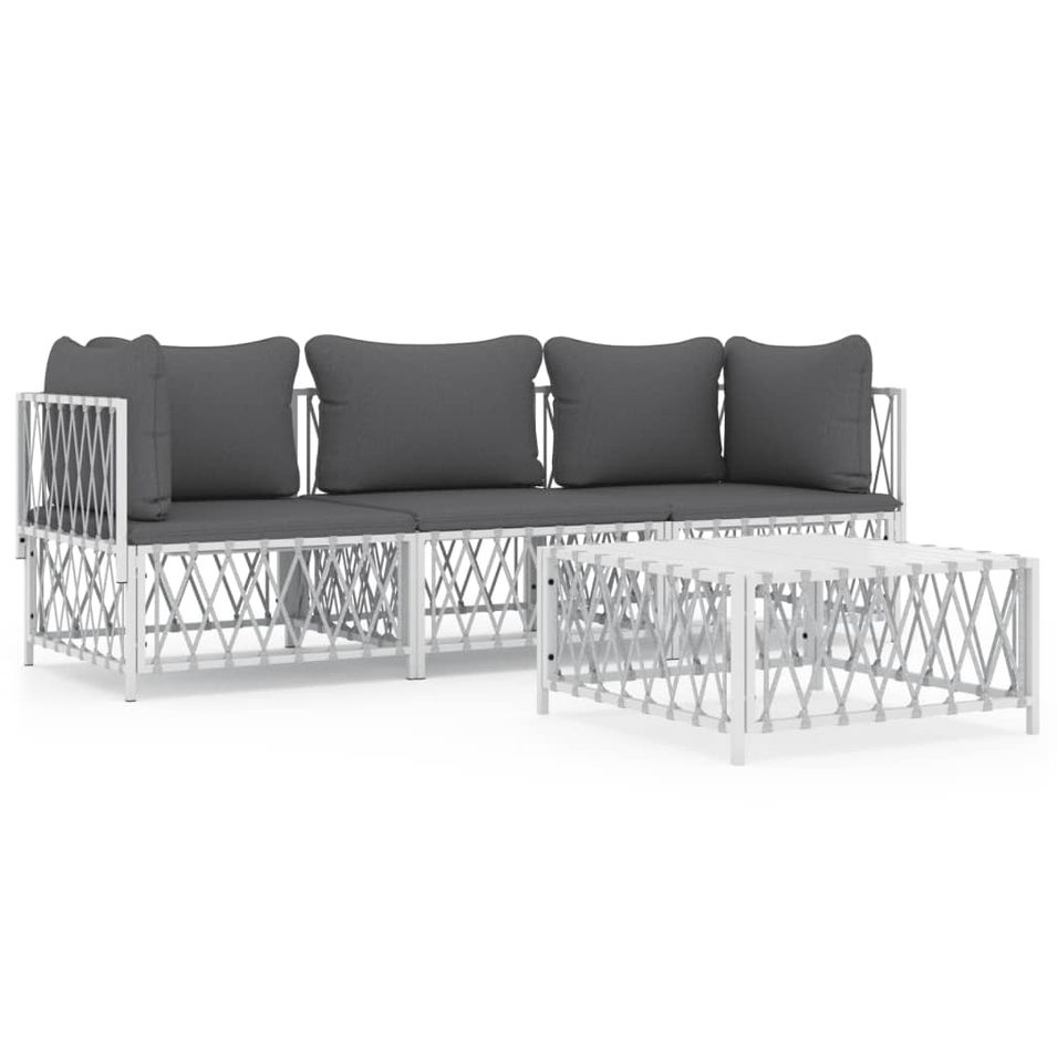 Salon de jardin 4 pcs avec coussins blanc acier - Photo n°1