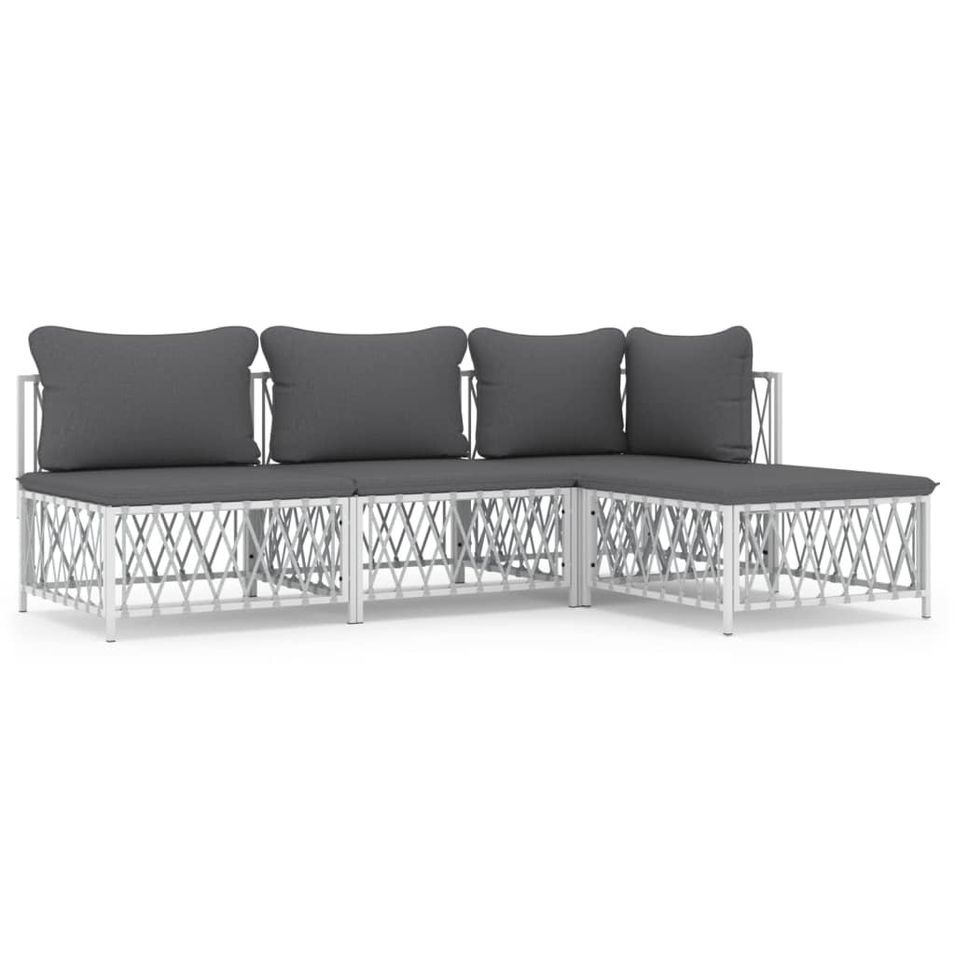 Salon de jardin 4 pcs avec coussins blanc acier - Photo n°1