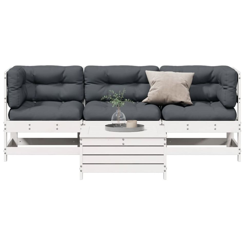 Salon de jardin 4 pcs avec coussins blanc bois de pin massif - Photo n°1