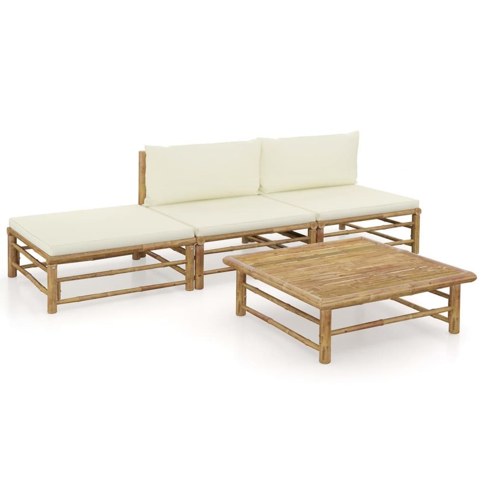 Salon de jardin 4 pcs avec coussins blanc crème Bambou - Photo n°1