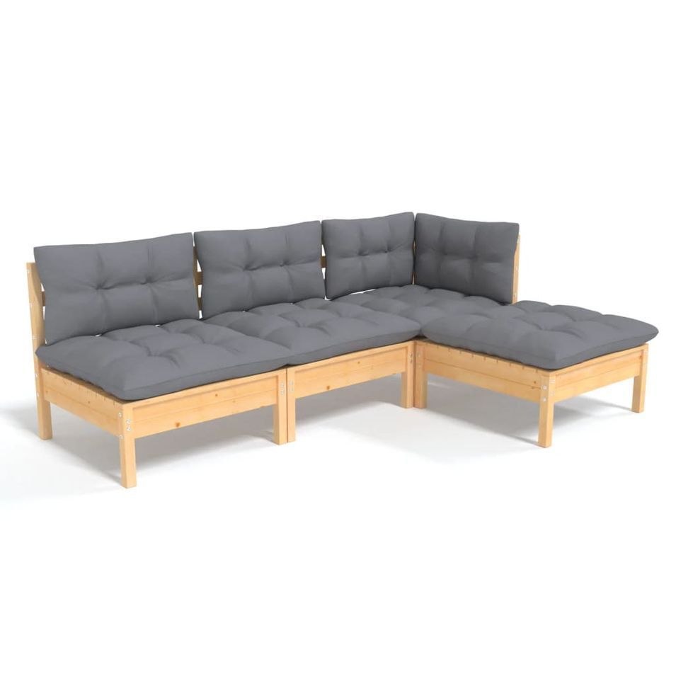 Salon de jardin 4 pcs avec coussins gris Bois de pin 4 - Photo n°1