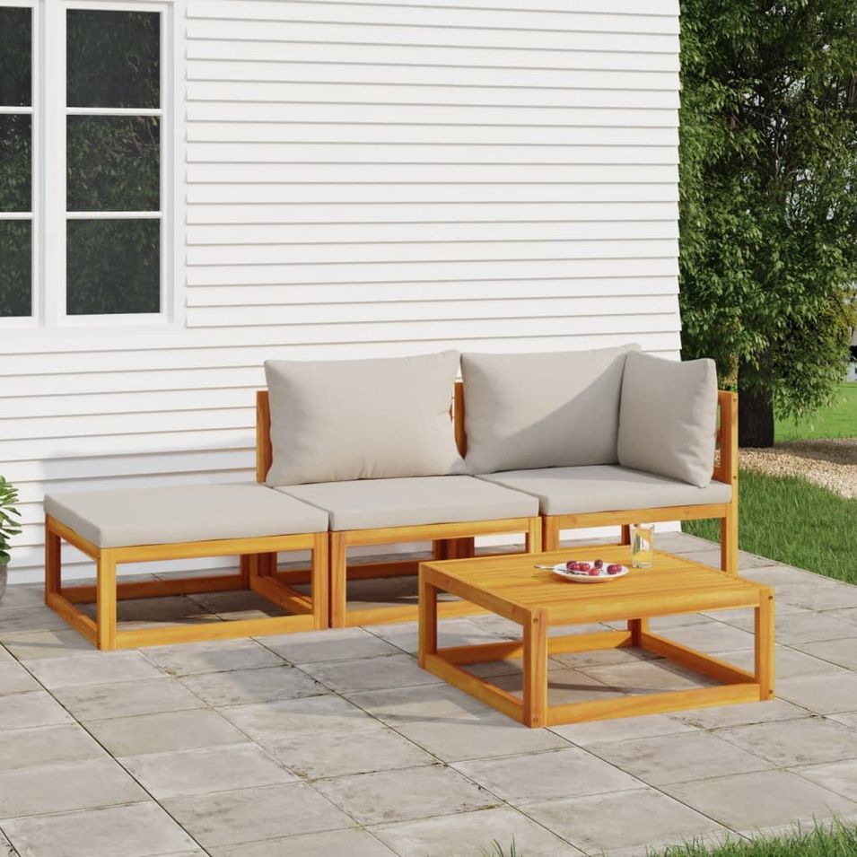 Salon de jardin 4 pcs avec coussins gris clair bois massif - Photo n°1