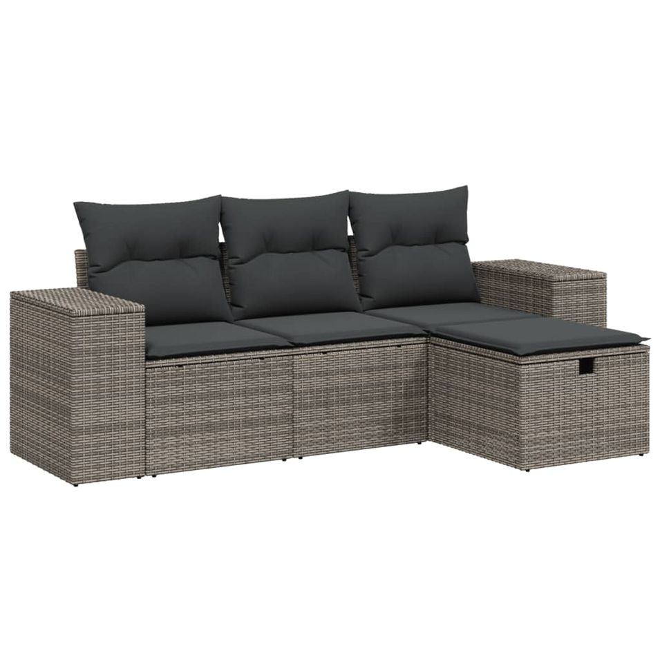 Salon de jardin 4 pcs avec coussins gris résine tressée - Photo n°1