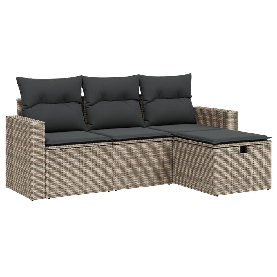 Salon de jardin 4 pcs avec coussins gris résine tressée - Photo n°1