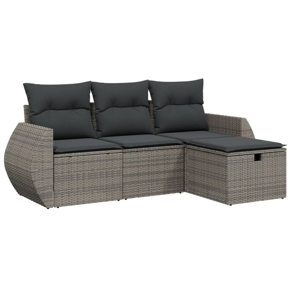 Salon de jardin 4 pcs avec coussins gris résine tressée - Photo n°1