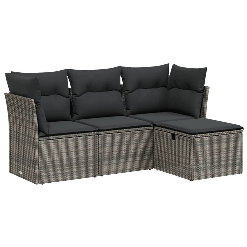 Salon de jardin 4 pcs avec coussins gris résine tressée - Photo n°1