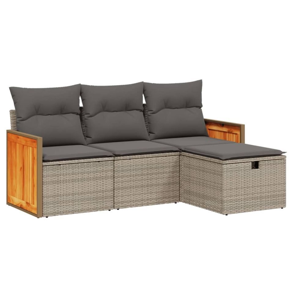 Salon de jardin 4 pcs avec coussins gris résine tressée - Photo n°1