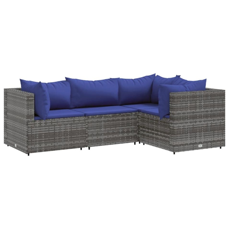 Salon de jardin 4 pcs avec coussins Gris Résine tressée - Photo n°1